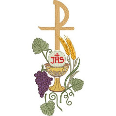 Embroidery Design Cross With Wheat, Grapes, And Chalic..
