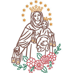 Diseño Para Bordado Nuestra Señora Del Monte Carmelo Rodeada De Flores.