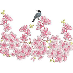 Embroidery Design Cherry Garden With Bird