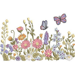 Embroidery Design Garden Field Flowers With Butterflies
