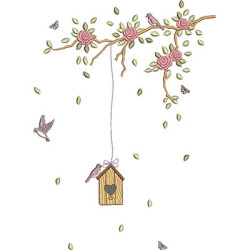Diseño Para Bordado Rama De Rosa Con Pájaros Y Casa