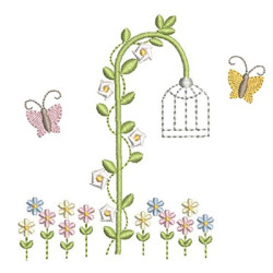 Embroidery Design Garden With Cage And Butterflies