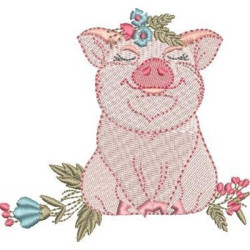 Diseño Para Bordado Cerdito Con Flores