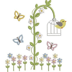 Embroidery Design Floral Garden With Cage And Butterflies