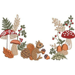 Embroidery Design Mushrooms With Pine Cone And Squirre..