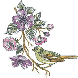 Embroidery Design Twig Flowers Finch